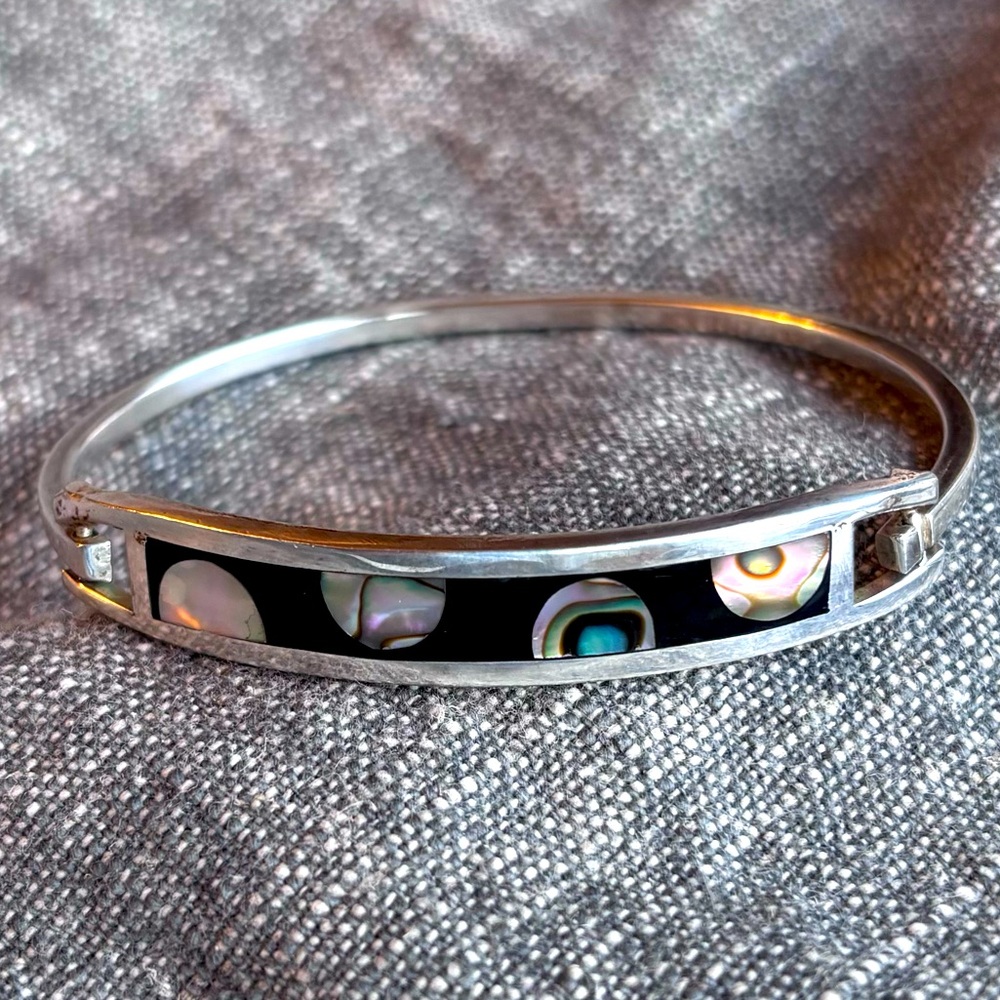 Mexican Alpaca Silver Bangle Bracelet with Abalone